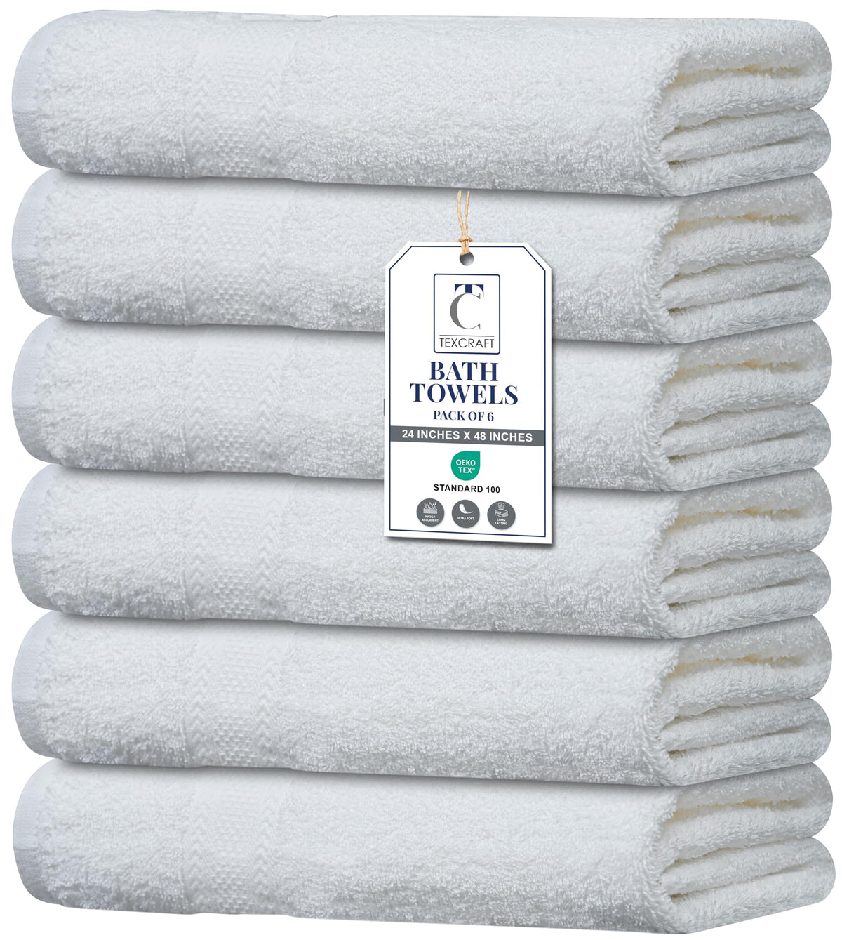 TEXCRAFT Large Bath Towels Set of 6 – 100% Cotton Terry – 24" x 50" – Quick Dry, Soft & Highly Absorbent – Beige Towels for Bathroom, Gym, Spa, Pool & Daily Use