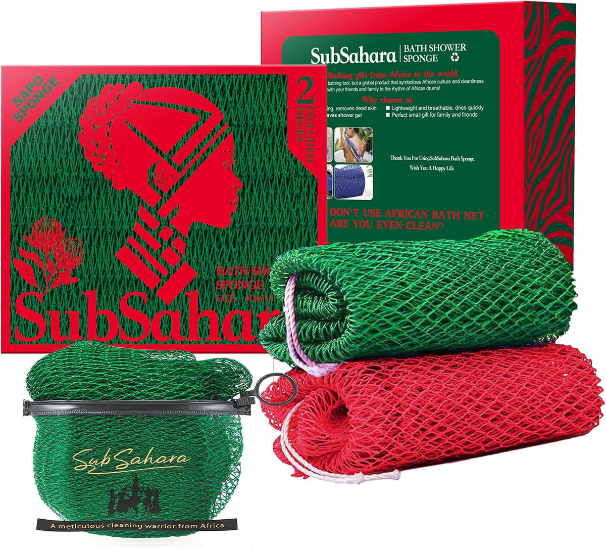 SubSahara African Net Sponge, 2 Pack 45-Inch Exfoliating Body Scrubber