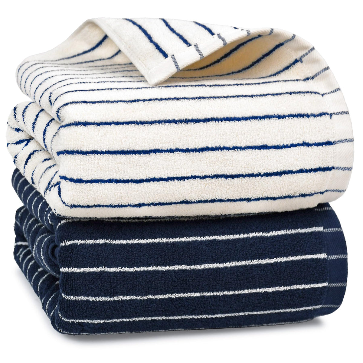Navy Blue Bath Towels Set of 2, Striped Towels for Bathroom, Pool & Shower