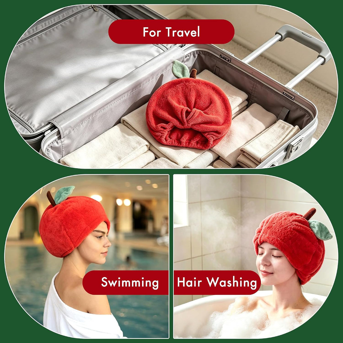 SHIDOW Apple Hair Bonnet for Women Quick Dry Bath Cap 2 Pack