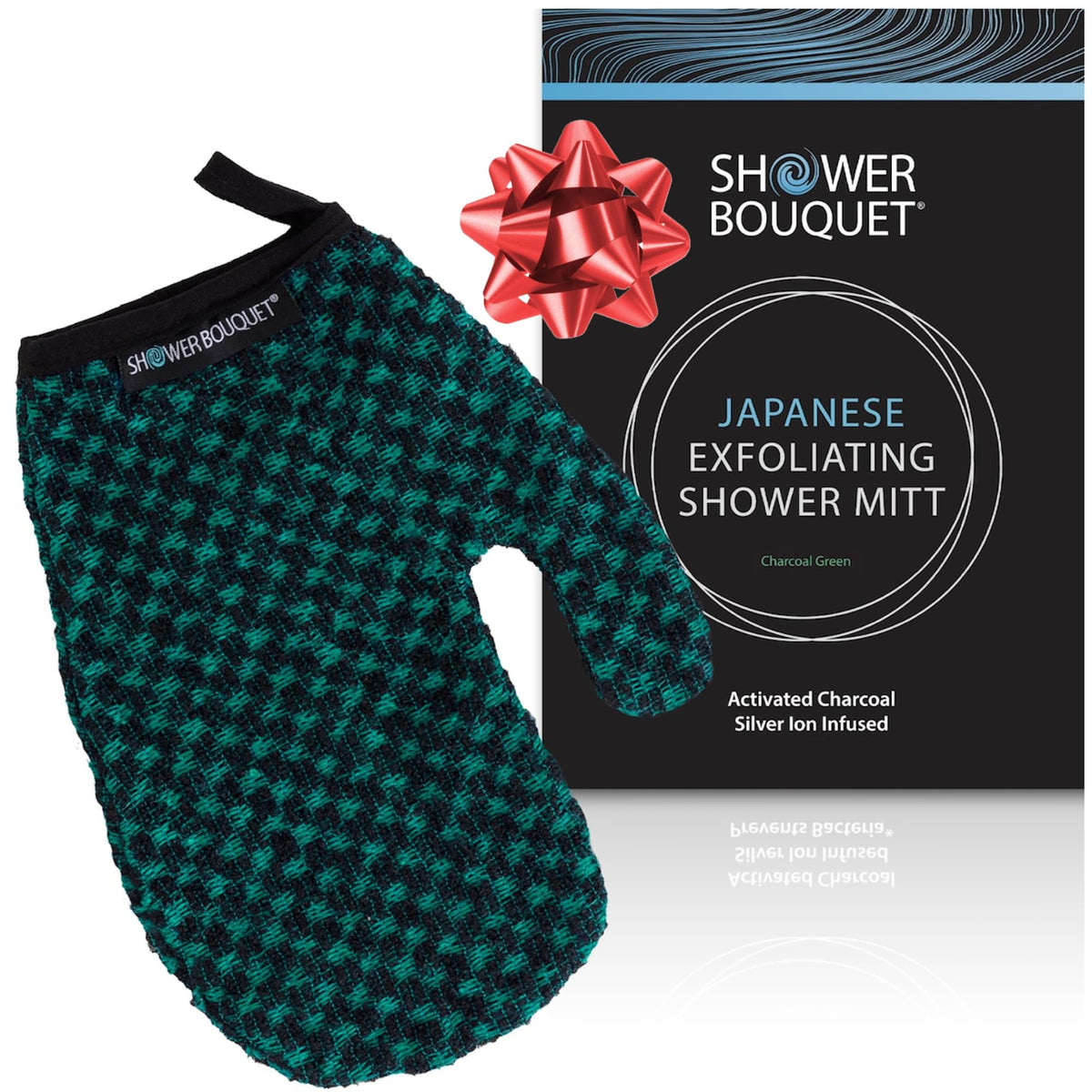 SHOWER BOUQUET Japanese Exfoliating Mitt for Shower, Charcoal & Silver Ion