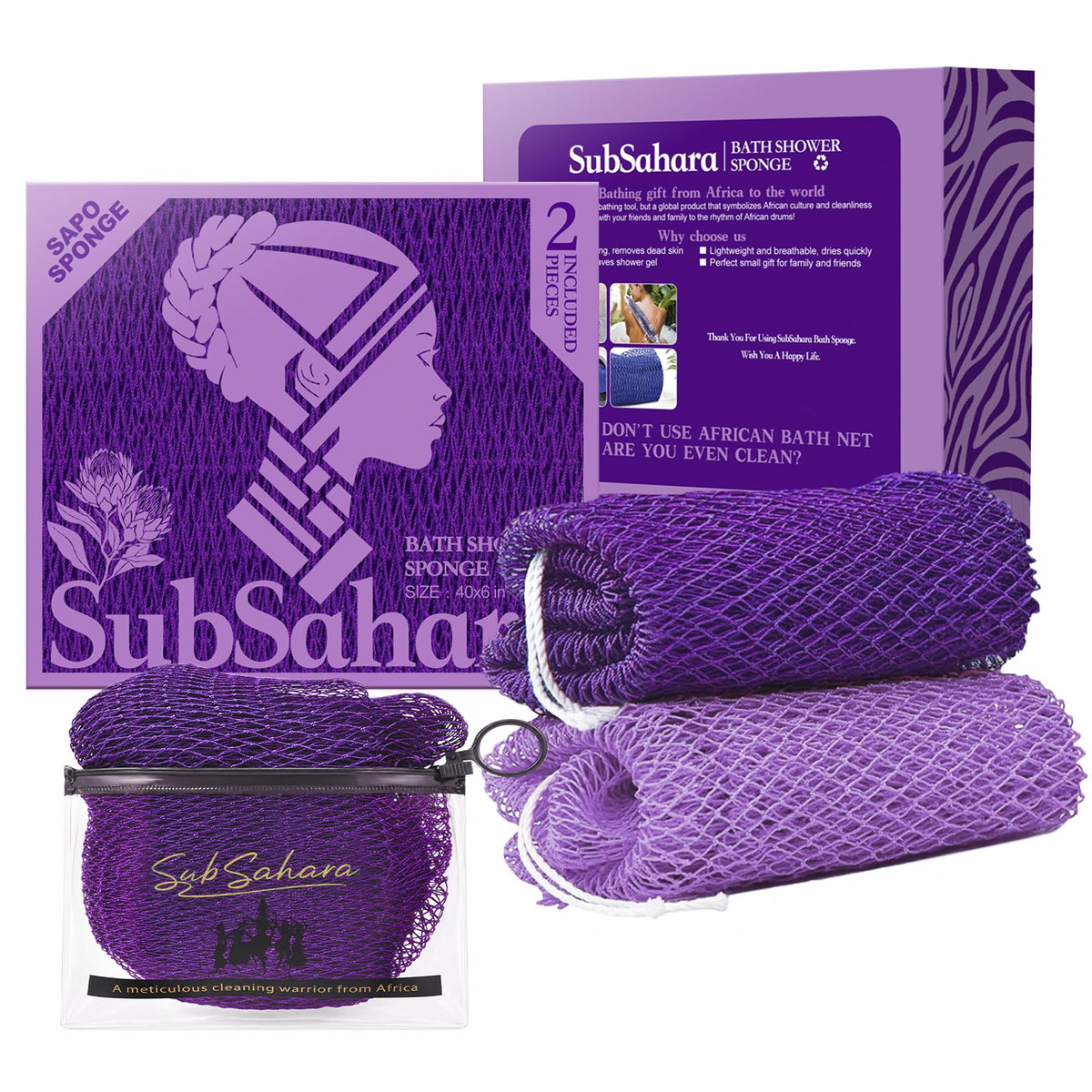 SubSahara African Net Sponge, 2 Pack 45-Inch Exfoliating Body Scrubber