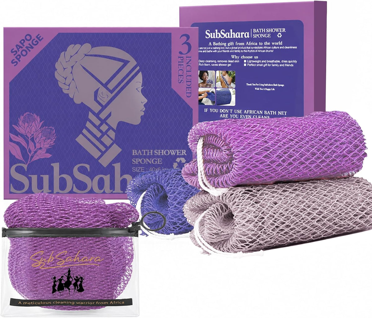 SubSahara African Net Sponge, 2 Pack 45-Inch Exfoliating Body Scrubber