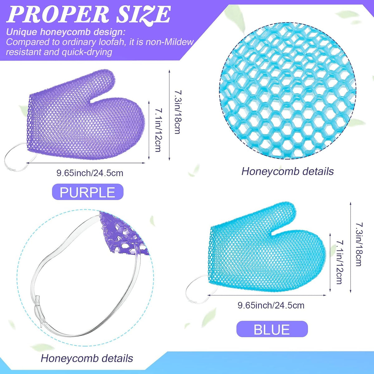 Karenhi 2 Pcs Honeycomb Bath Mitt Exfoliating Glove,Blue,Purple