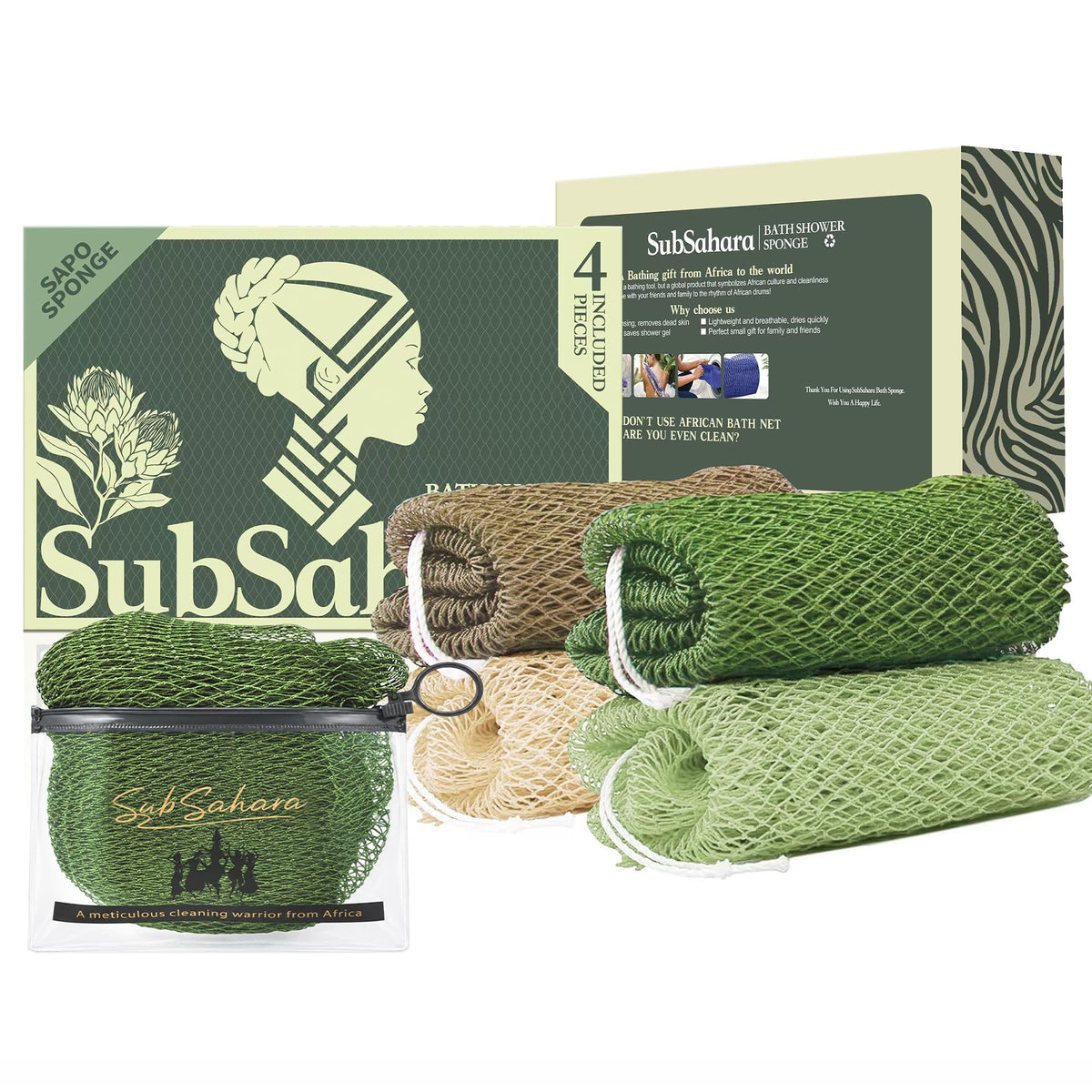 SubSahara African Net Sponge, 2 Pack 45-Inch Exfoliating Body Scrubber