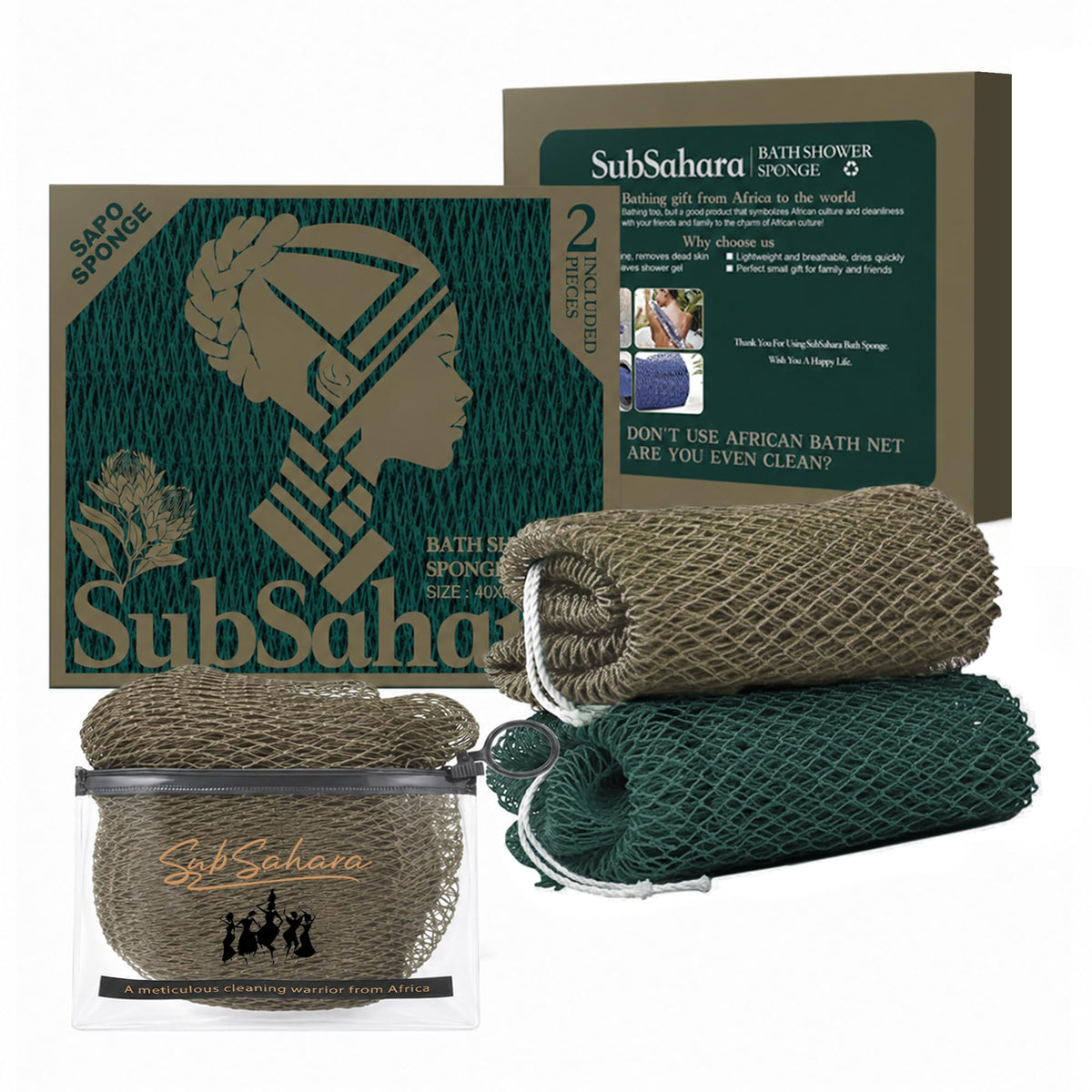 SubSahara African Net Sponge, 2 Pack 45-Inch Exfoliating Body Scrubber