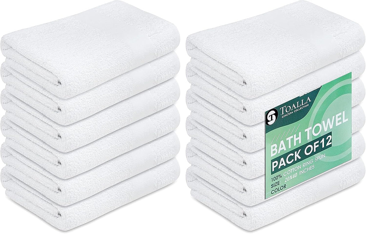 12 Pack White 100% Cotton Bath Towels, 20x40 Inches, Lightweight, Quick Drying, Commercial Grade, Gym, Salon, Spa & Hair