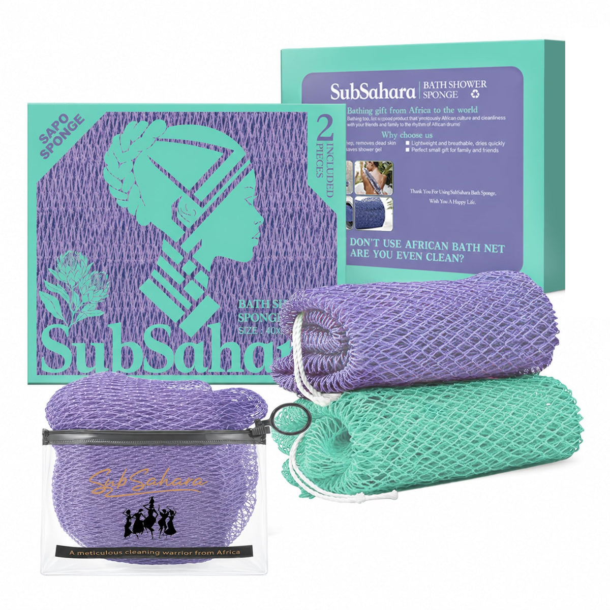 SubSahara African Net Sponge, 2 Pack 45-Inch Exfoliating Body Scrubber
