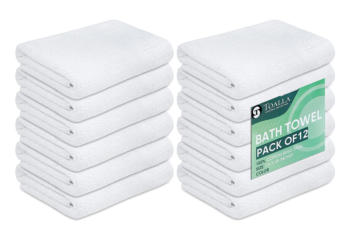 12 Pack White 100% Cotton Bath Towels, 20x40 Inches, Lightweight, Quick Drying, Commercial Grade, Gym, Salon, Spa & Hair