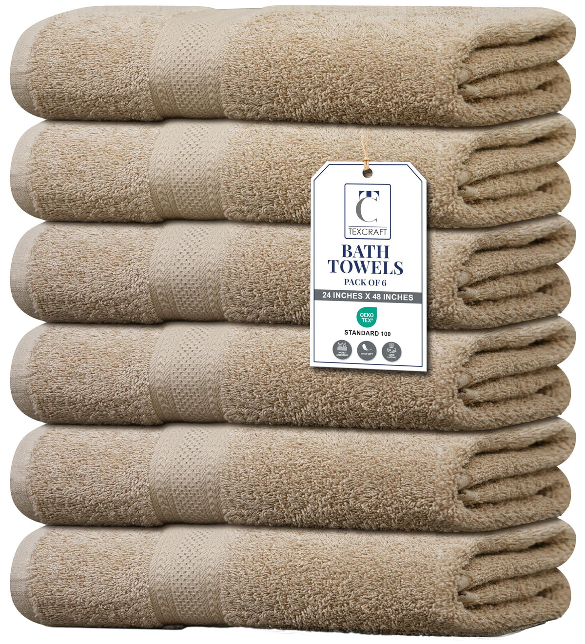 TEXCRAFT Large Bath Towels Set of 6 – 100% Cotton Terry – 24" x 50" – Quick Dry, Soft & Highly Absorbent – Beige Towels for Bathroom, Gym, Spa, Pool & Daily Use