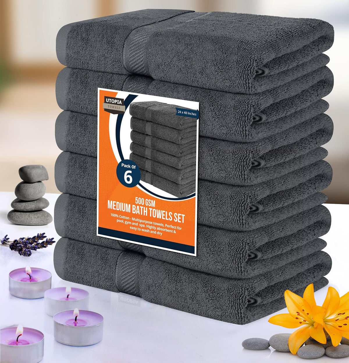 Utopia Towels 6 Pack Medium Bath Towels, 24x48 in, 100% Cotton, Grey