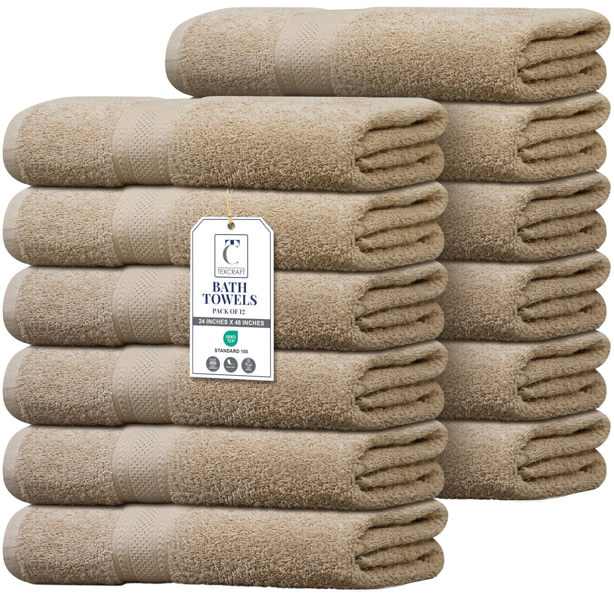 TEXCRAFT Large Bath Towels Set of 6 – 100% Cotton Terry – 24" x 50" – Quick Dry, Soft & Highly Absorbent – Beige Towels for Bathroom, Gym, Spa, Pool & Daily Use