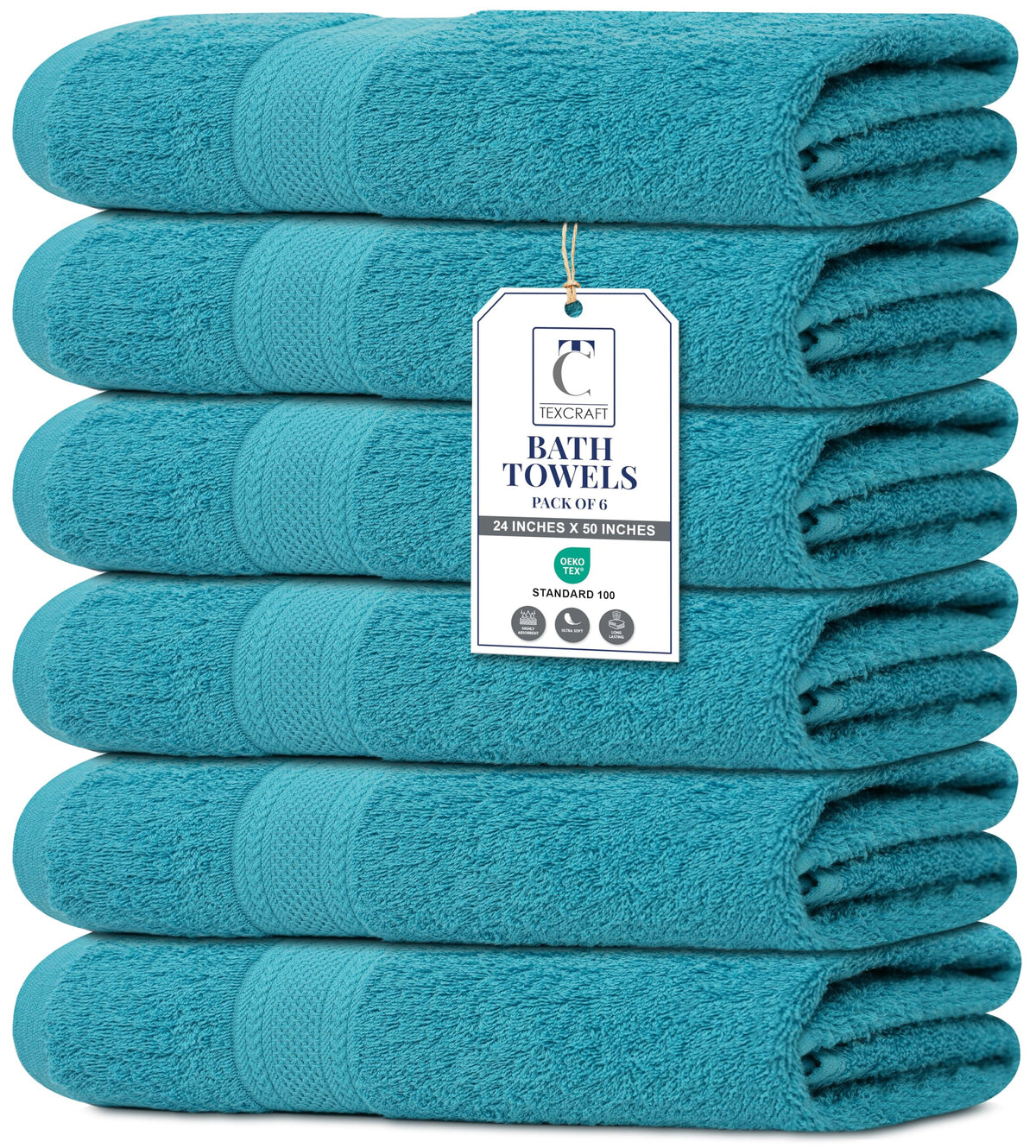 TEXCRAFT Large Bath Towels Set of 6 – 100% Cotton Terry – 24" x 50" – Quick Dry, Soft & Highly Absorbent – Beige Towels for Bathroom, Gym, Spa, Pool & Daily Use