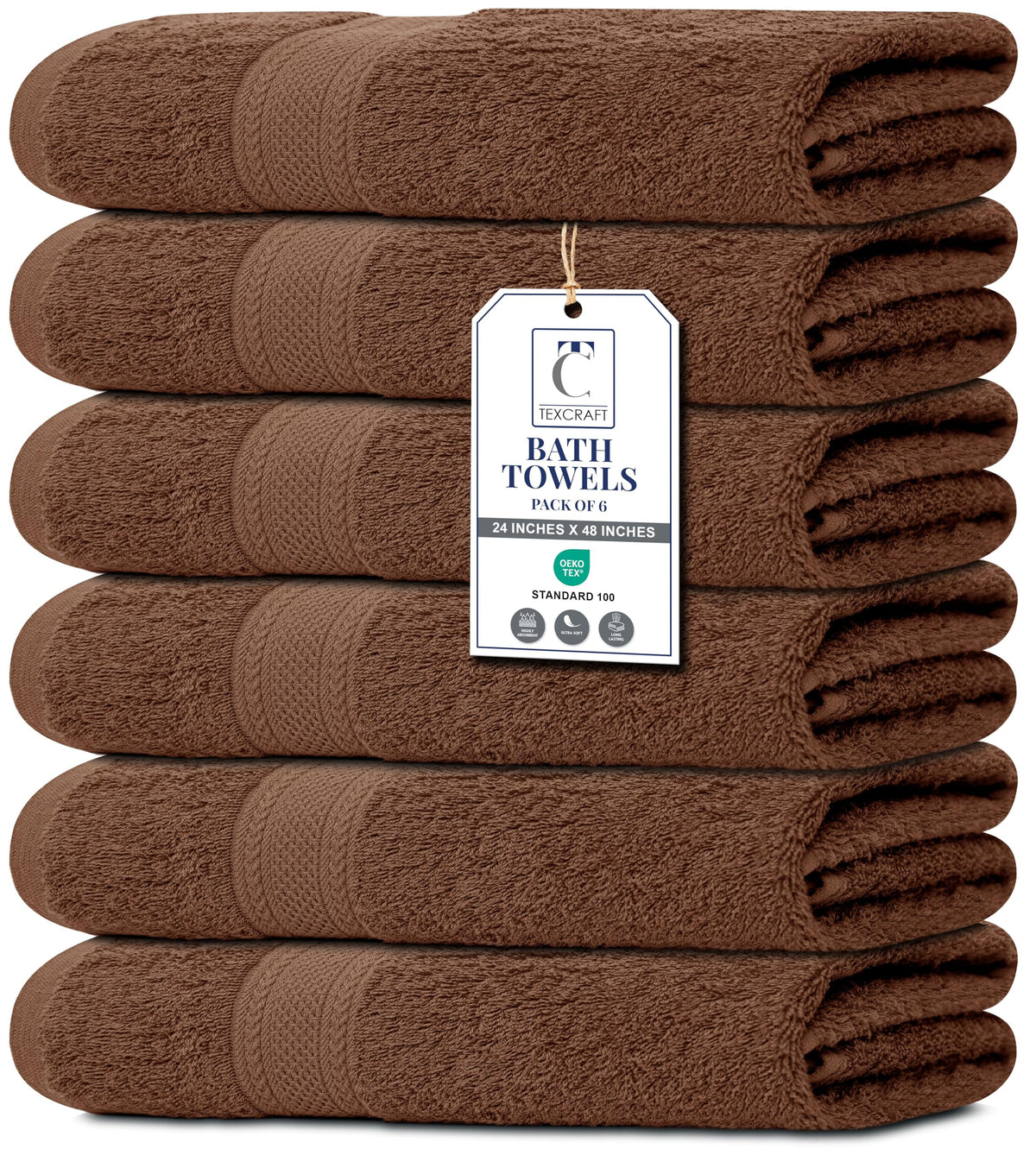 TEXCRAFT Large Bath Towels Set of 6 – 100% Cotton Terry – 24" x 50" – Quick Dry, Soft & Highly Absorbent – Beige Towels for Bathroom, Gym, Spa, Pool & Daily Use