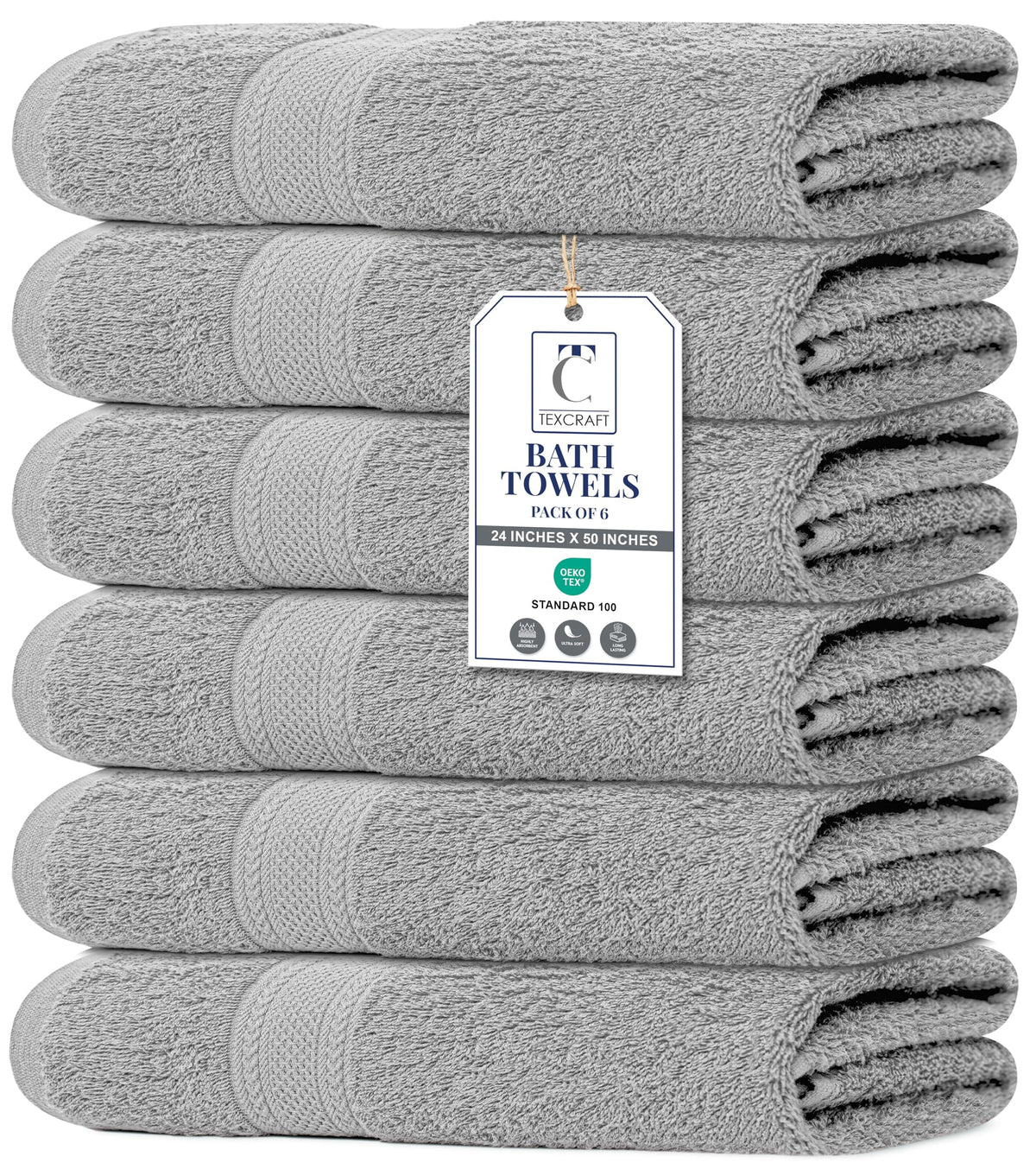 TEXCRAFT Large Bath Towels Set of 6 – 100% Cotton Terry – 24" x 50" – Quick Dry, Soft & Highly Absorbent – Beige Towels for Bathroom, Gym, Spa, Pool & Daily Use