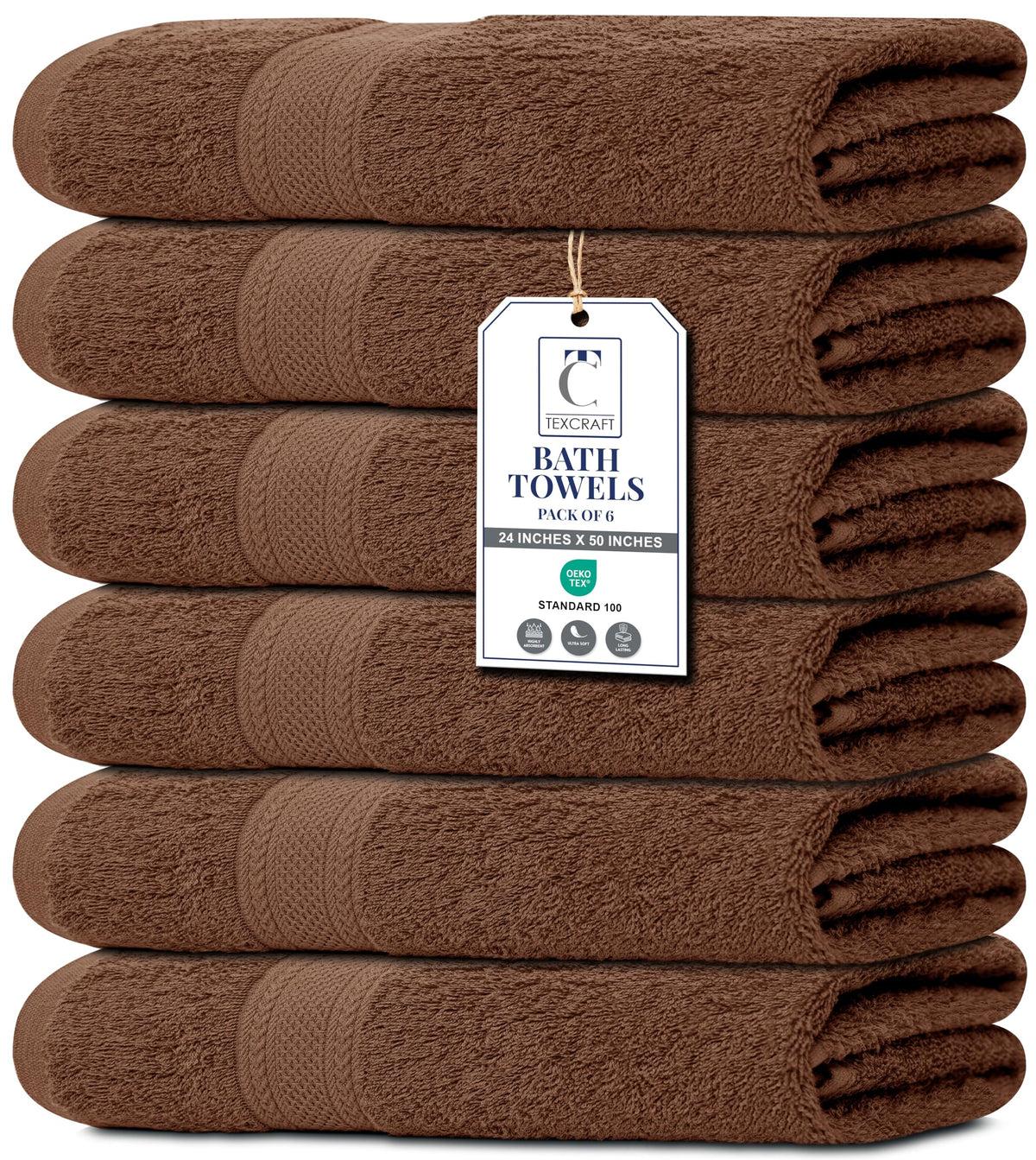 TEXCRAFT Large Bath Towels Set of 6 – 100% Cotton Terry – 24" x 50" – Quick Dry, Soft & Highly Absorbent – Beige Towels for Bathroom, Gym, Spa, Pool & Daily Use