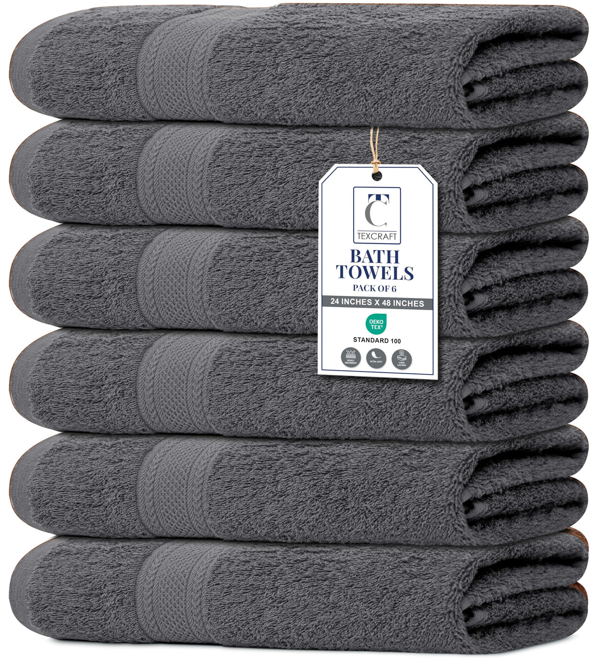 TEXCRAFT Large Bath Towels Set of 6 – 100% Cotton Terry – 24" x 50" – Quick Dry, Soft & Highly Absorbent – Beige Towels for Bathroom, Gym, Spa, Pool & Daily Use