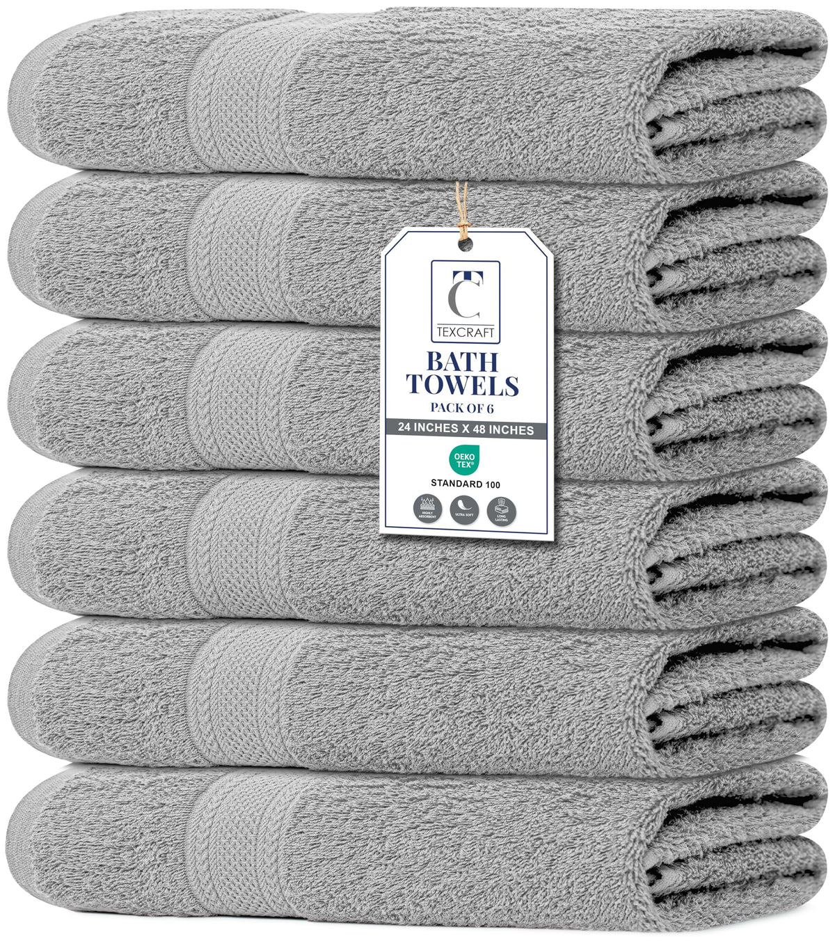 TEXCRAFT Large Bath Towels Set of 6 – 100% Cotton Terry – 24" x 50" – Quick Dry, Soft & Highly Absorbent – Beige Towels for Bathroom, Gym, Spa, Pool & Daily Use