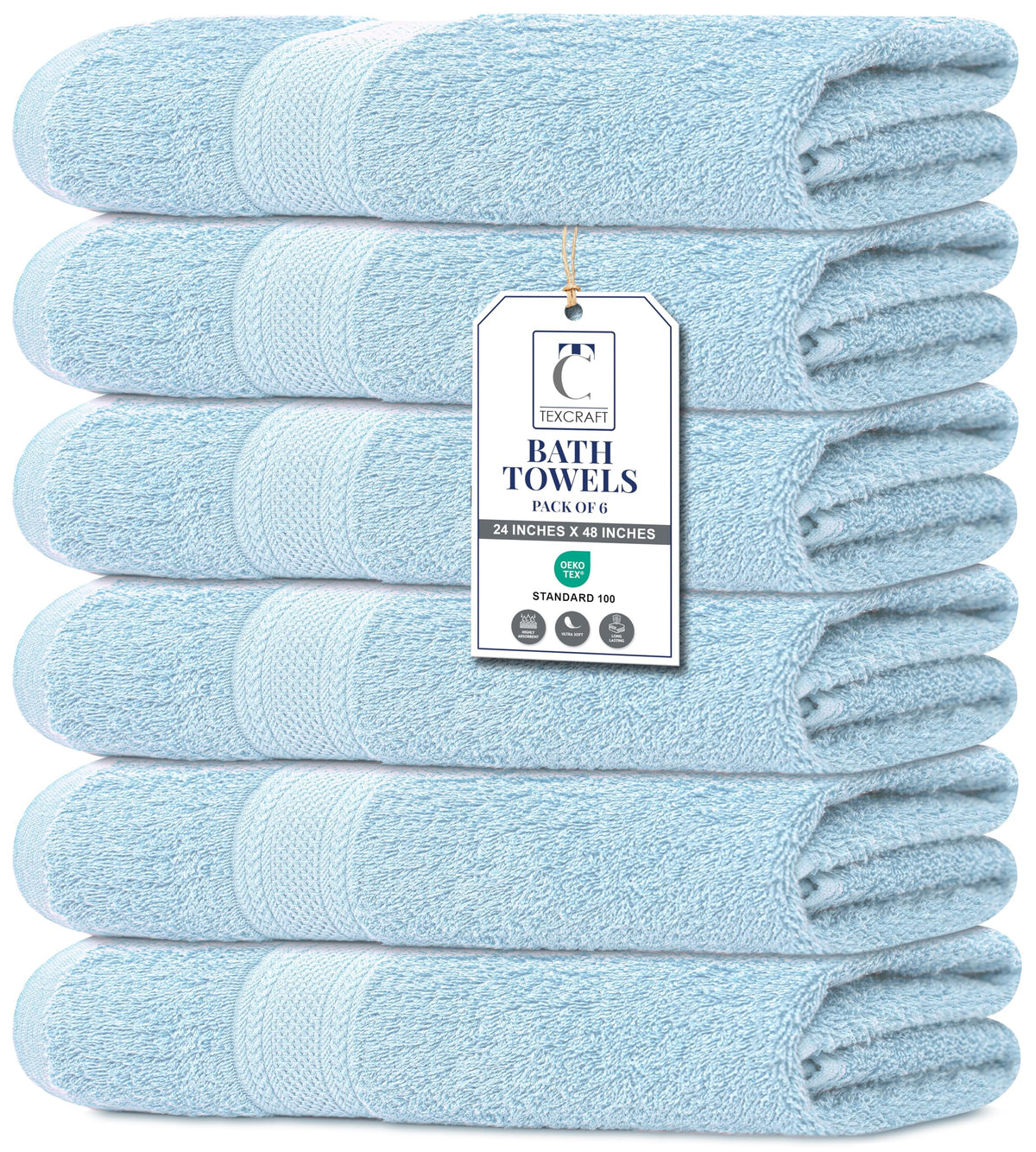 TEXCRAFT Large Bath Towels Set of 6 – 100% Cotton Terry – 24" x 50" – Quick Dry, Soft & Highly Absorbent – Beige Towels for Bathroom, Gym, Spa, Pool & Daily Use