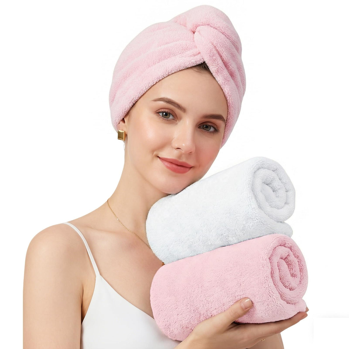 Mandydov 100% Cotton Hair Towel Wrap for Women, 2 Pack Thickened & Super Absorbent Turbans, Anti Frizz Quick Dry Hair Towels (White)