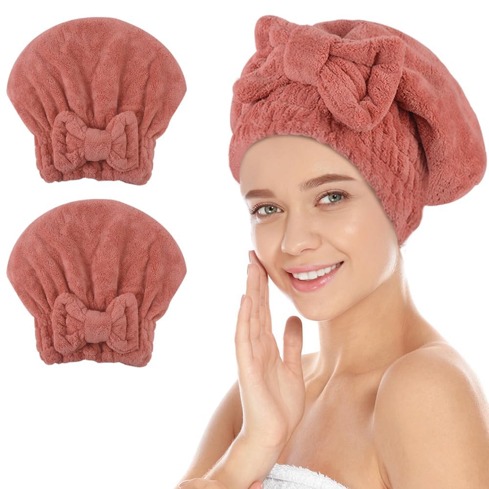 SUNLAND Large Microfiber Hair Drying Caps with Bow Knot 2 Pack Lightpurple