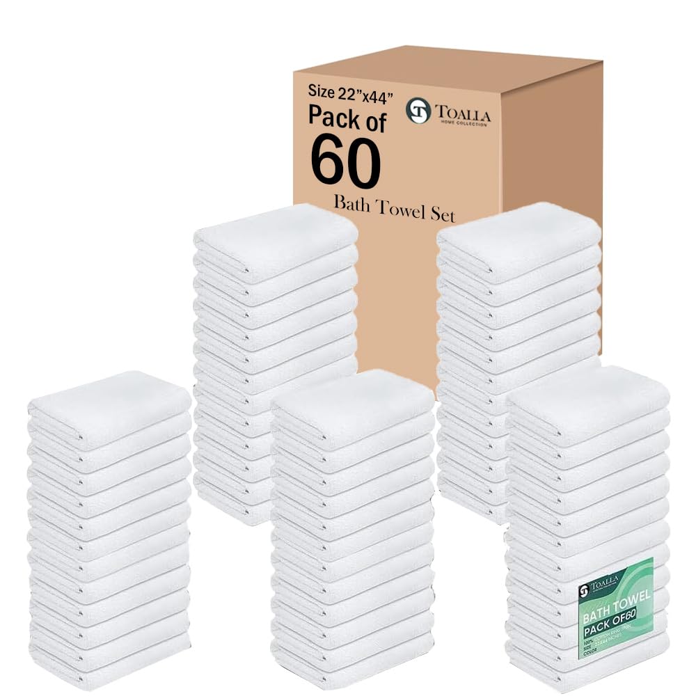 12 Pack White 100% Cotton Bath Towels, 20x40 Inches, Lightweight, Quick Drying, Commercial Grade, Gym, Salon, Spa & Hair