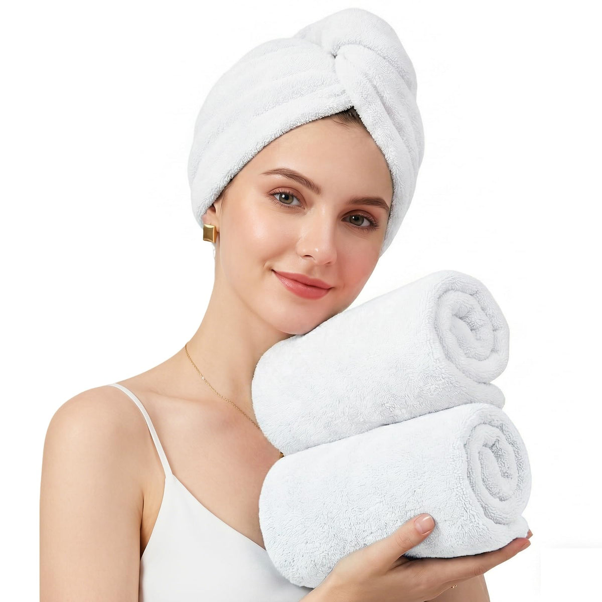 Mandydov 100% Cotton Hair Towel Wrap for Women, 2 Pack Thickened & Super Absorbent Turbans, Anti Frizz Quick Dry Hair Towels (White)