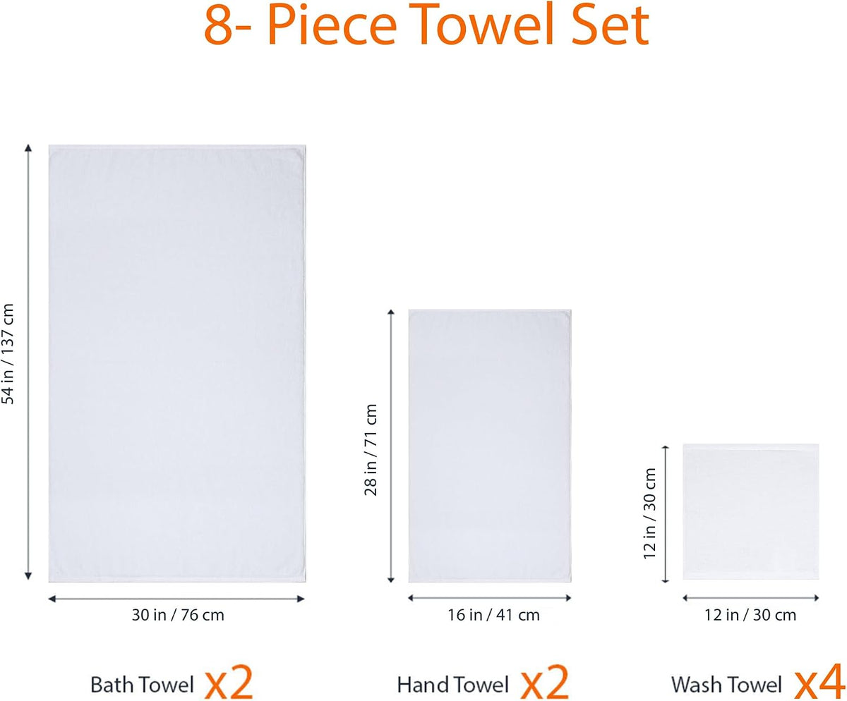 Amazon Basics 100% Cotton Soft Quick-Dry 8-Piece Towel Set, Bath Towels, Hand Towels, Washcloths, White, Compact & Lightweight