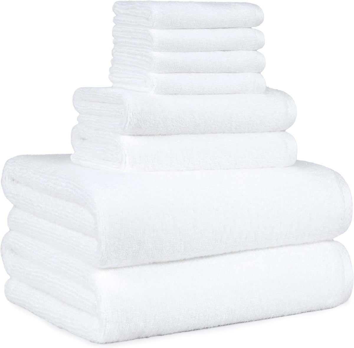 Amazon Basics 100% Cotton Soft Quick-Dry 8-Piece Towel Set, Bath Towels, Hand Towels, Washcloths, White, Compact & Lightweight