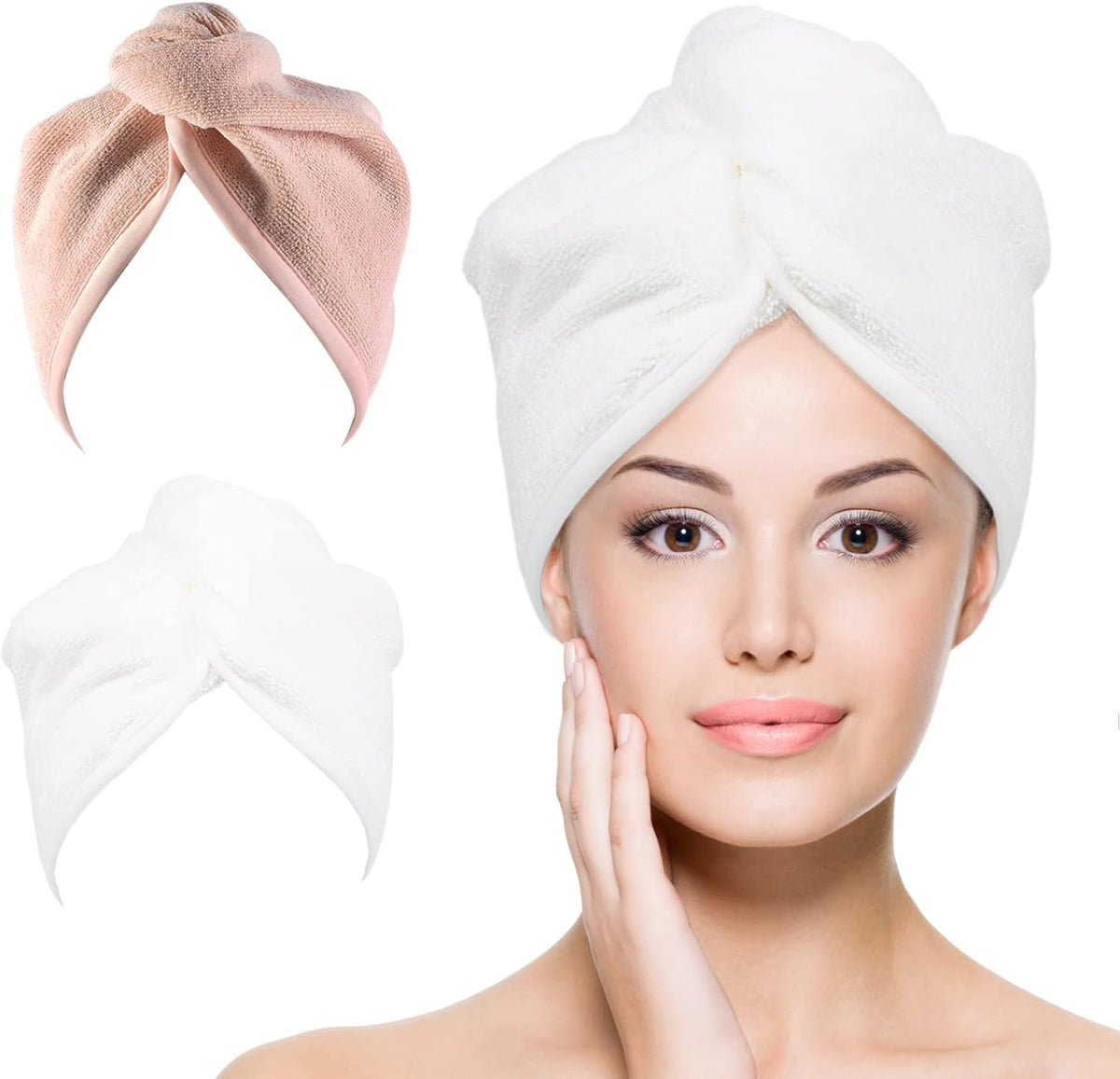 Microfiber Hair Towel Hair Wrap: 2 Pcs 10X26 Hair Dryer Women (White Beige)