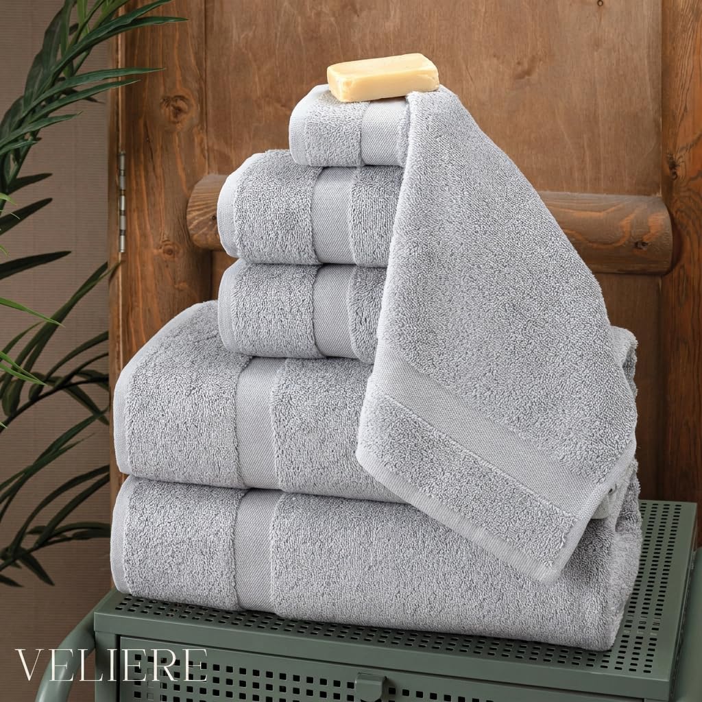 Luxury Turkish Towels Set of 6,Double Stitched 100% Cotton True 600 GSM Soft & Absorbent Towel Set, Hotel & Spa Collection, 2 Bath Towels 2 Hand Towel 2 Washcloths Towel (Gray)