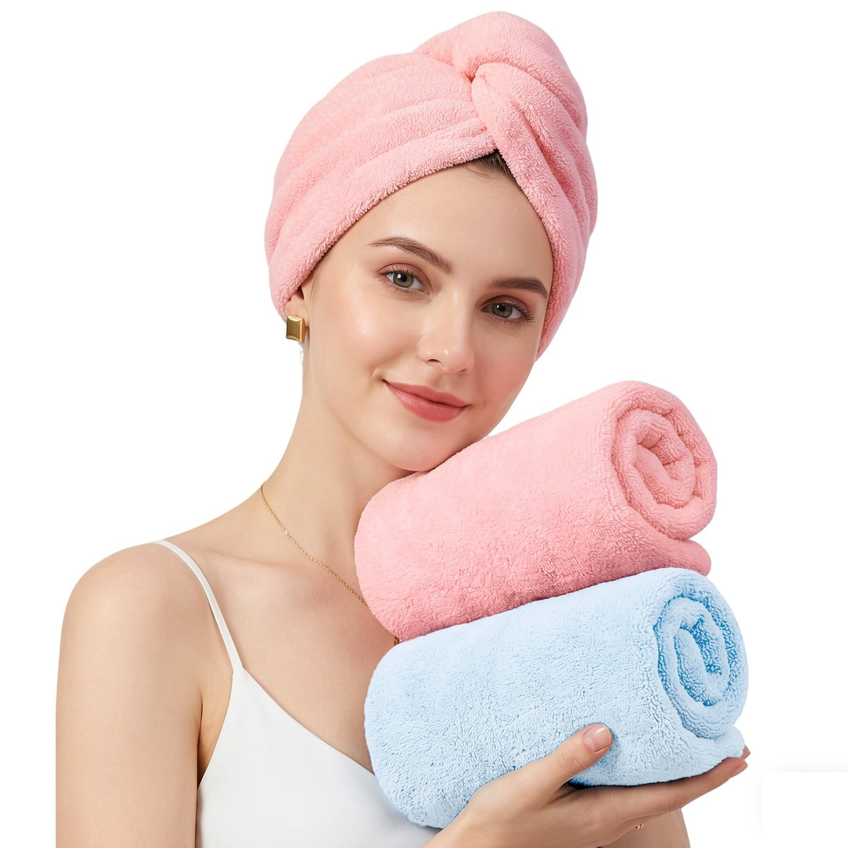 Mandydov 100% Cotton Hair Towel Wrap for Women, 2 Pack Thickened & Super Absorbent Turbans, Anti Frizz Quick Dry Hair Towels (White)