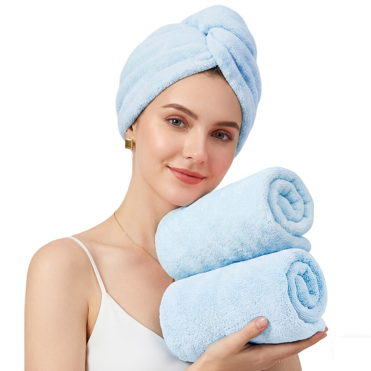 Mandydov 100% Cotton Hair Towel Wrap for Women, 2 Pack Thickened & Super Absorbent Turbans, Anti Frizz Quick Dry Hair Towels (White)
