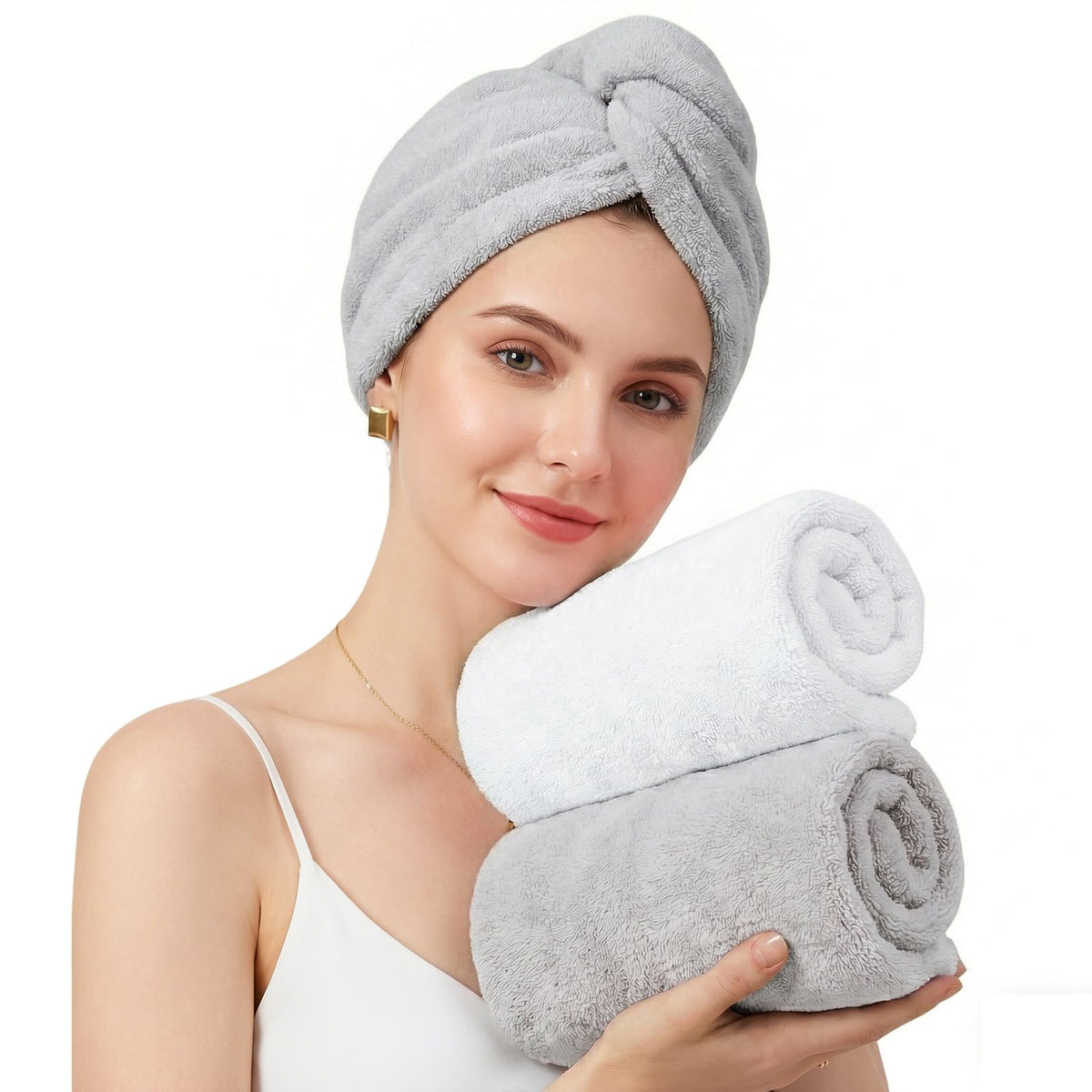 Mandydov 100% Cotton Hair Towel Wrap for Women, 2 Pack Thickened & Super Absorbent Turbans, Anti Frizz Quick Dry Hair Towels (White)
