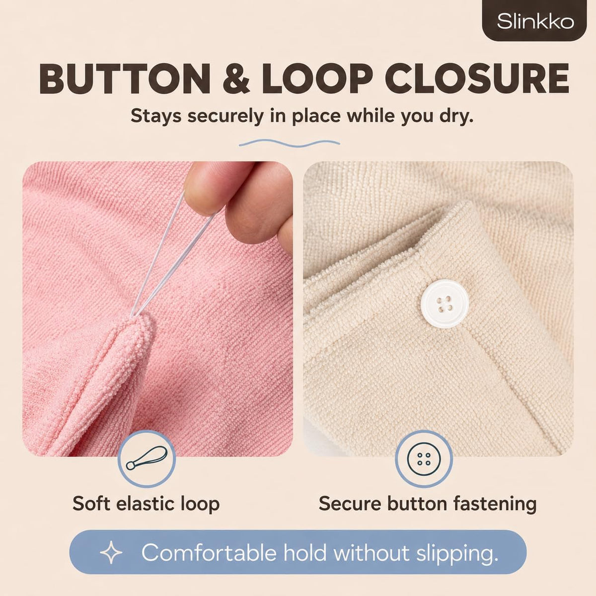 Microfiber Hair Towel Wrap for Women – Ultra Absorbent Quick Dry Turban | Button & Loop Design | Soft Lightweight Fabric | Reduces Frizz & Breakage | All Hair Types | Pink & Beige