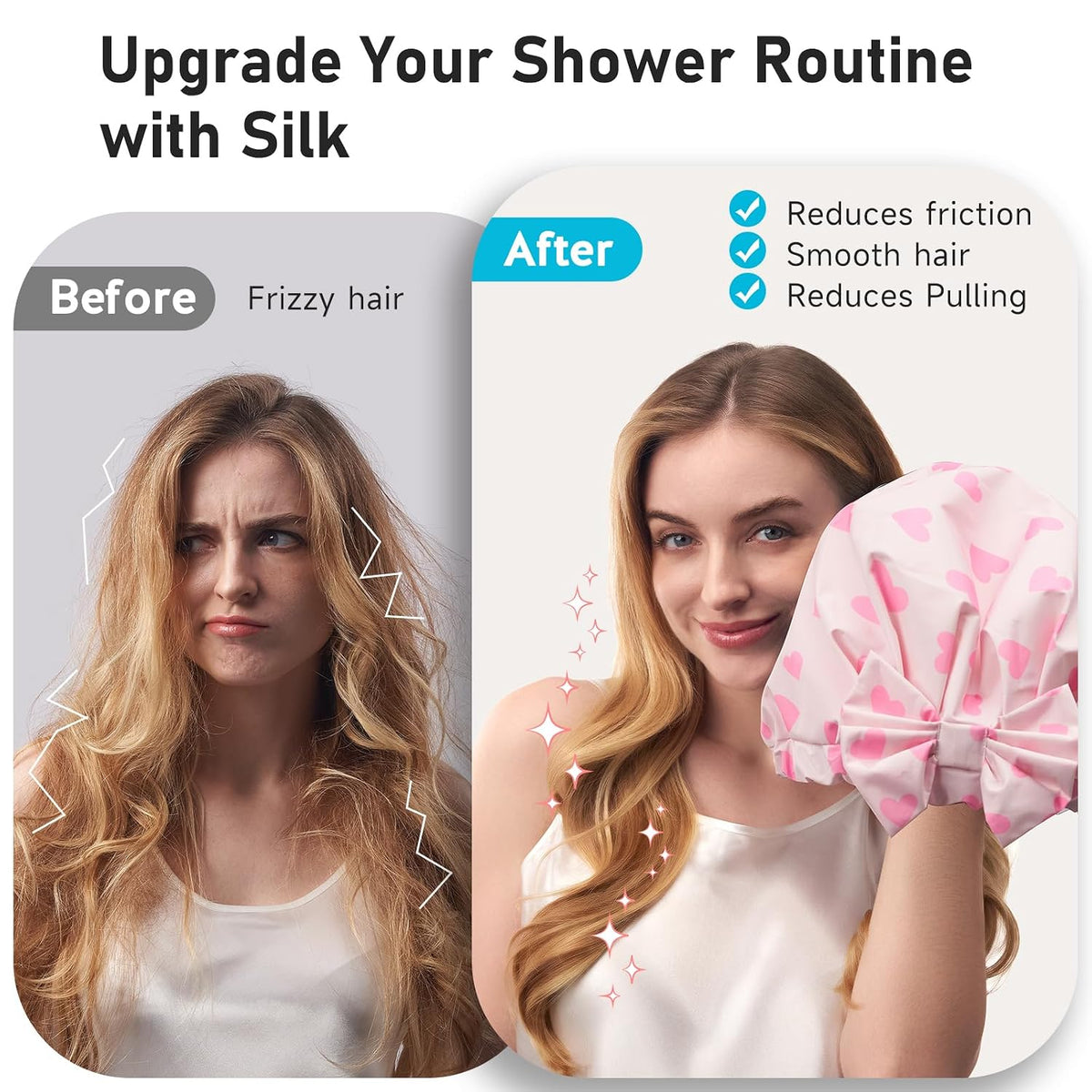 LitBear Luxury Silk Lined Shower Caps for Women Reusable Waterproof