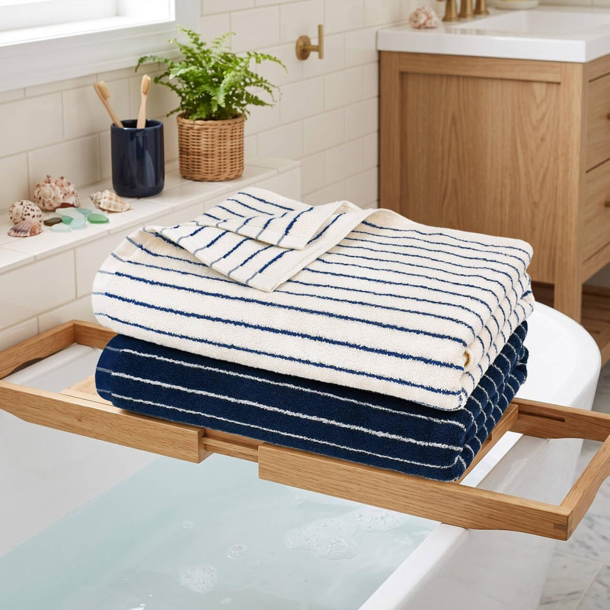 Navy Blue Bath Towels Set of 2, Striped Towels for Bathroom, Pool & Shower