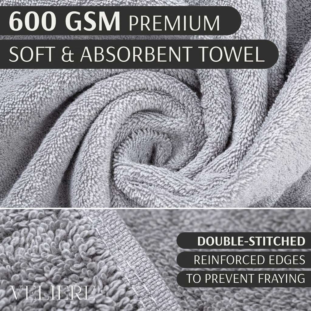 Luxury Turkish Towels Set of 6,Double Stitched 100% Cotton True 600 GSM Soft & Absorbent Towel Set, Hotel & Spa Collection, 2 Bath Towels 2 Hand Towel 2 Washcloths Towel (Gray)