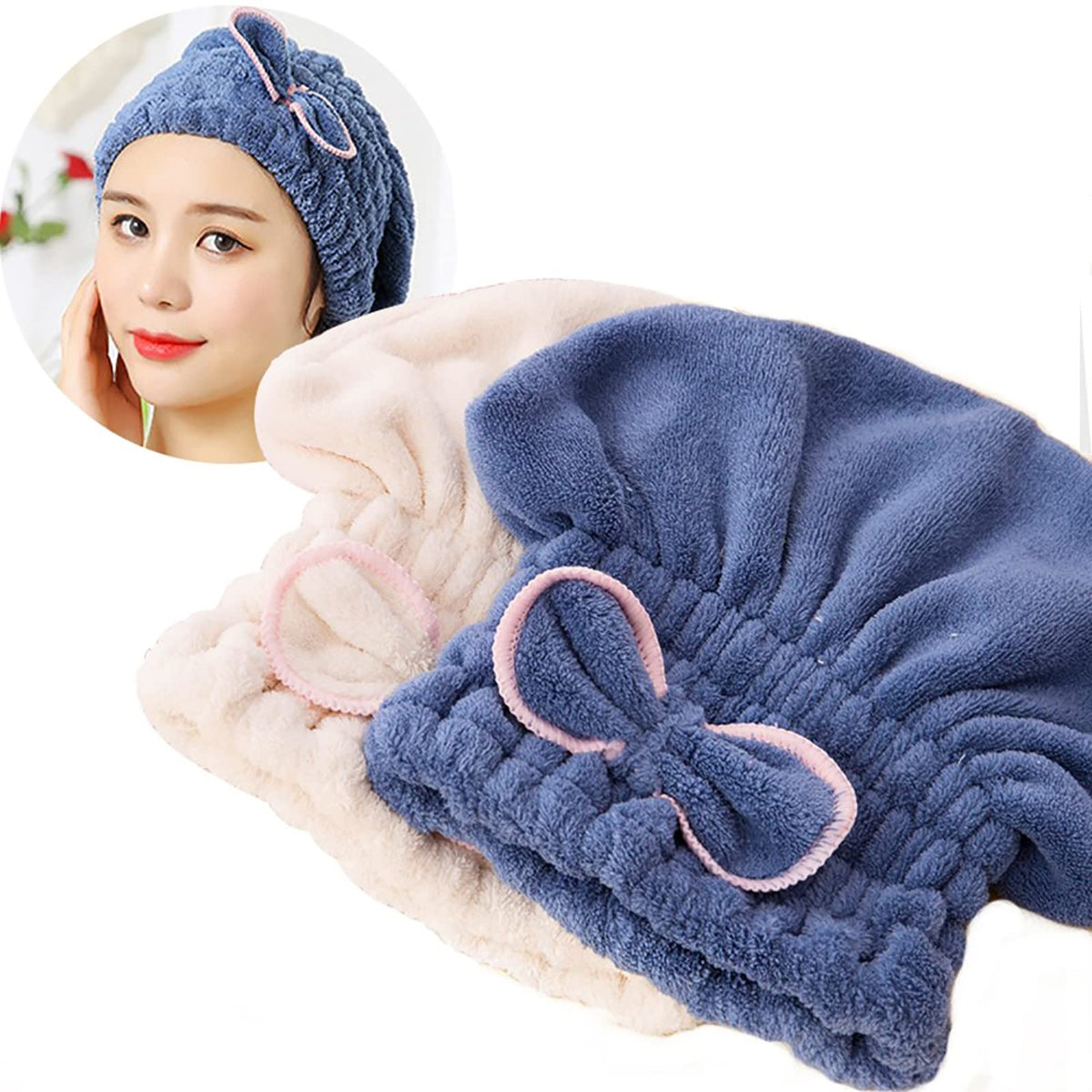 Jseng 2PC Microfiber Hair Drying Caps Stripe, Extreme Soft & Ultra Absorbent, Fast Drying Turban Hair Wrap Towels Thick Fluffy for Women