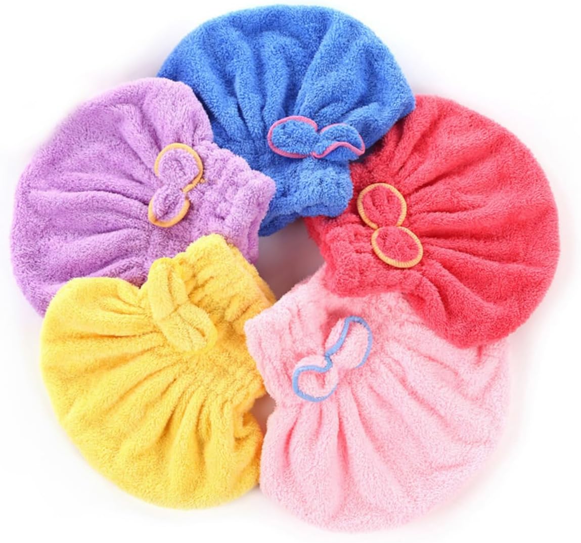 5Pcs Coral Fleece Dry Hair Caps with Thickened Bowknot Double-Sided Design Super Absorbent Hair Drying Hats for Women Fast Drying Turban for Bath Shower Gym Use