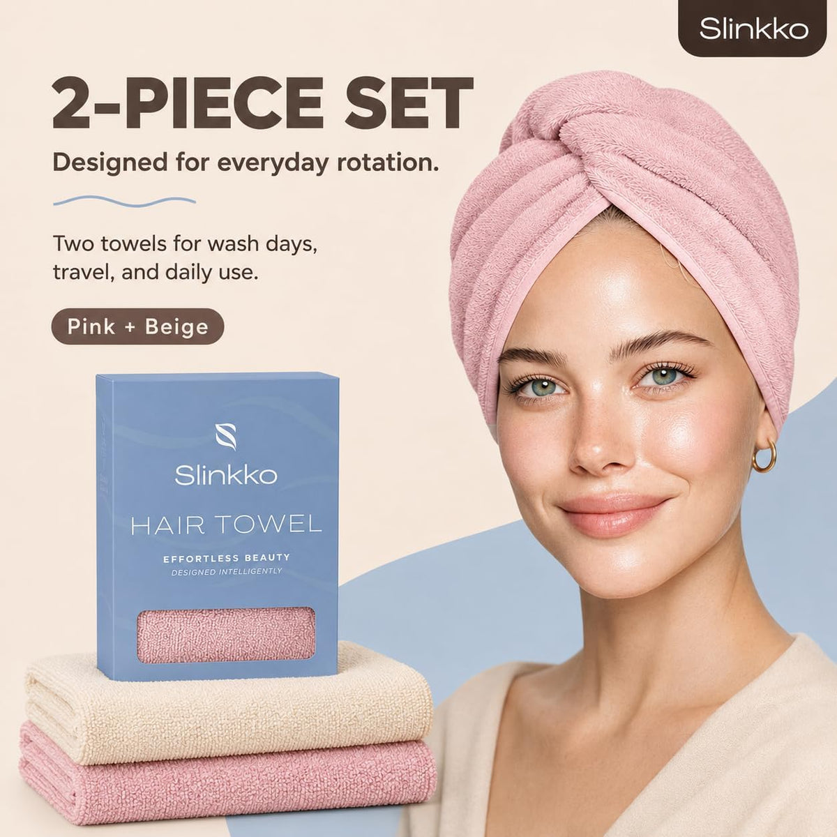 Microfiber Hair Towel Wrap for Women – Ultra Absorbent Quick Dry Turban | Button & Loop Design | Soft Lightweight Fabric | Reduces Frizz & Breakage | All Hair Types | Pink & Beige