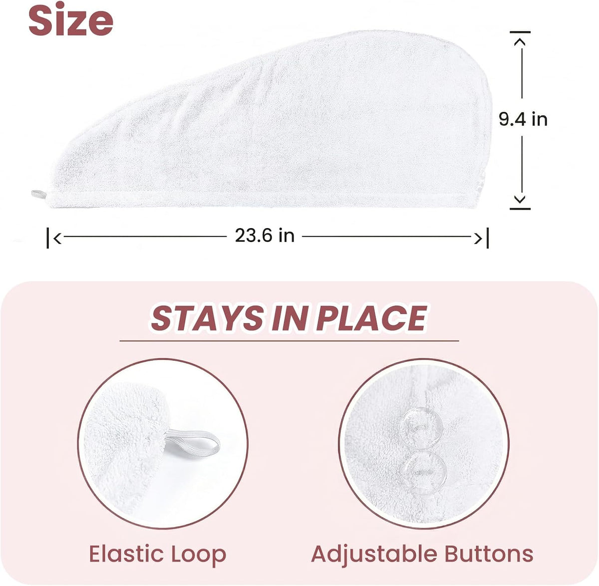 Mandydov 100% Cotton Hair Towel Wrap for Women, 2 Pack Thickened & Super Absorbent Turbans, Anti Frizz Quick Dry Hair Towels (White)