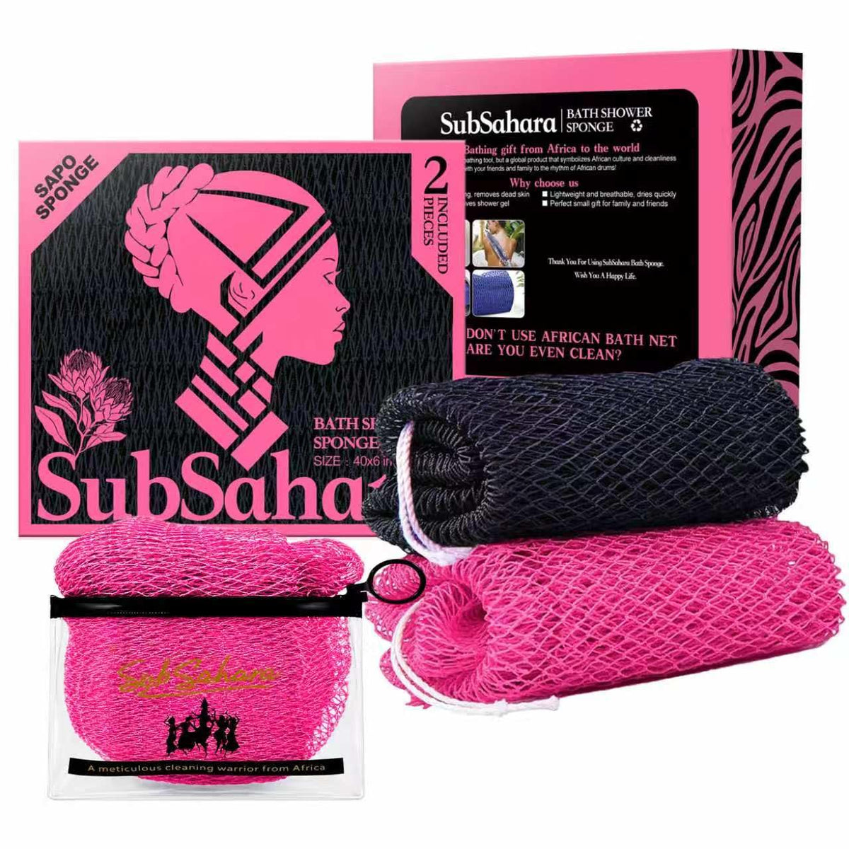 SubSahara African Net Sponge, 2 Pack 45-Inch Exfoliating Body Scrubber