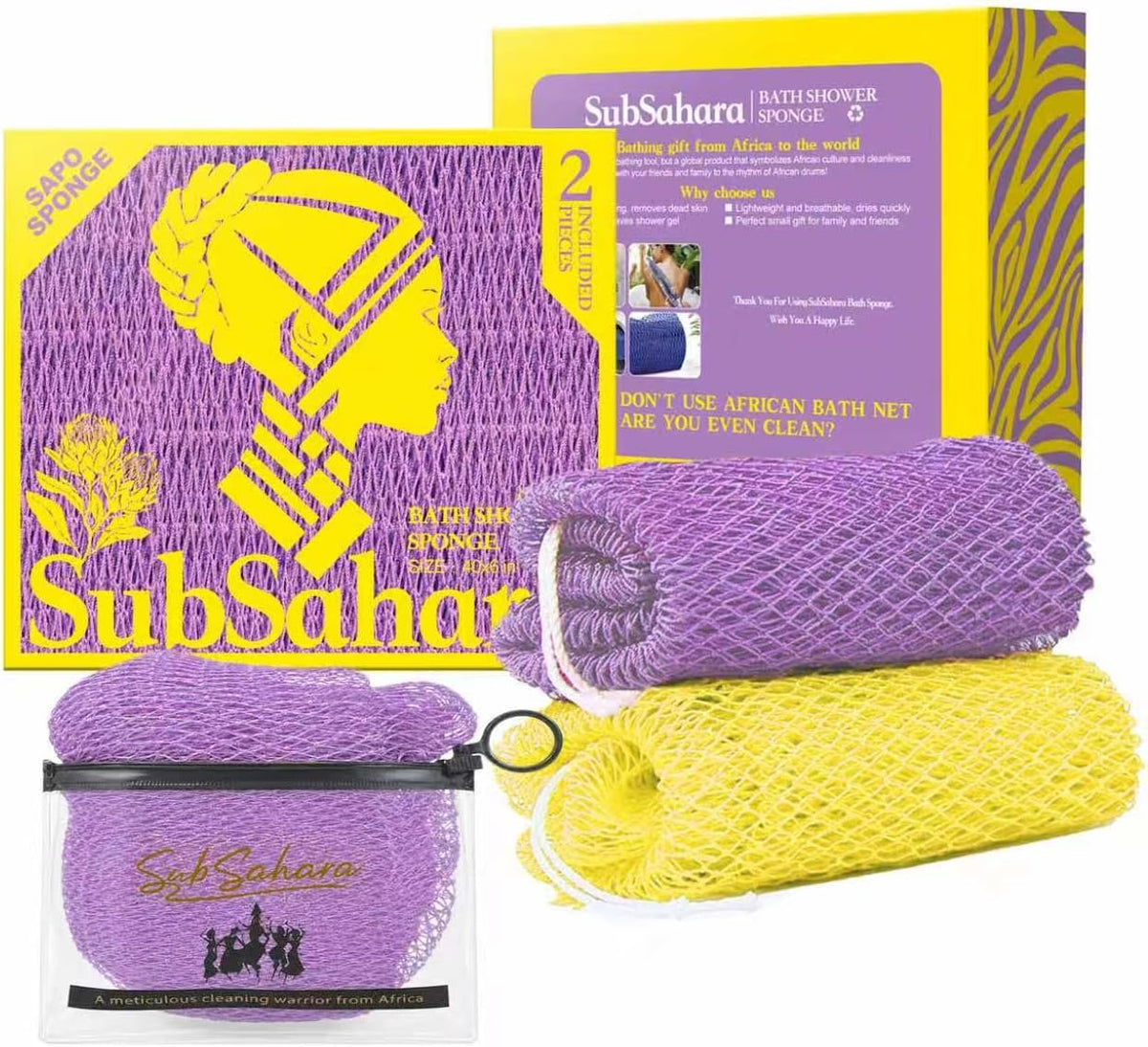 SubSahara African Net Sponge, 2 Pack 45-Inch Exfoliating Body Scrubber