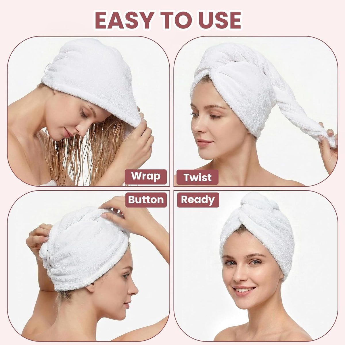 Mandydov 100% Cotton Hair Towel Wrap for Women, 2 Pack Thickened & Super Absorbent Turbans, Anti Frizz Quick Dry Hair Towels (White)