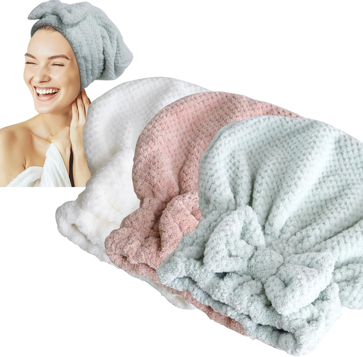 Jseng 2PC Microfiber Hair Drying Caps Stripe, Extreme Soft & Ultra Absorbent, Fast Drying Turban Hair Wrap Towels Thick Fluffy for Women