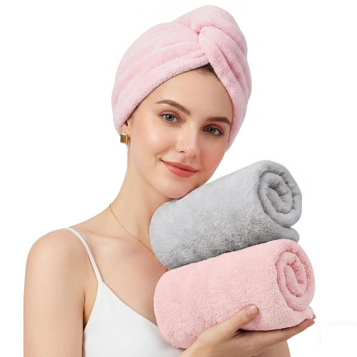 Mandydov 100% Cotton Hair Towel Wrap for Women, 2 Pack Thickened & Super Absorbent Turbans, Anti Frizz Quick Dry Hair Towels (White)