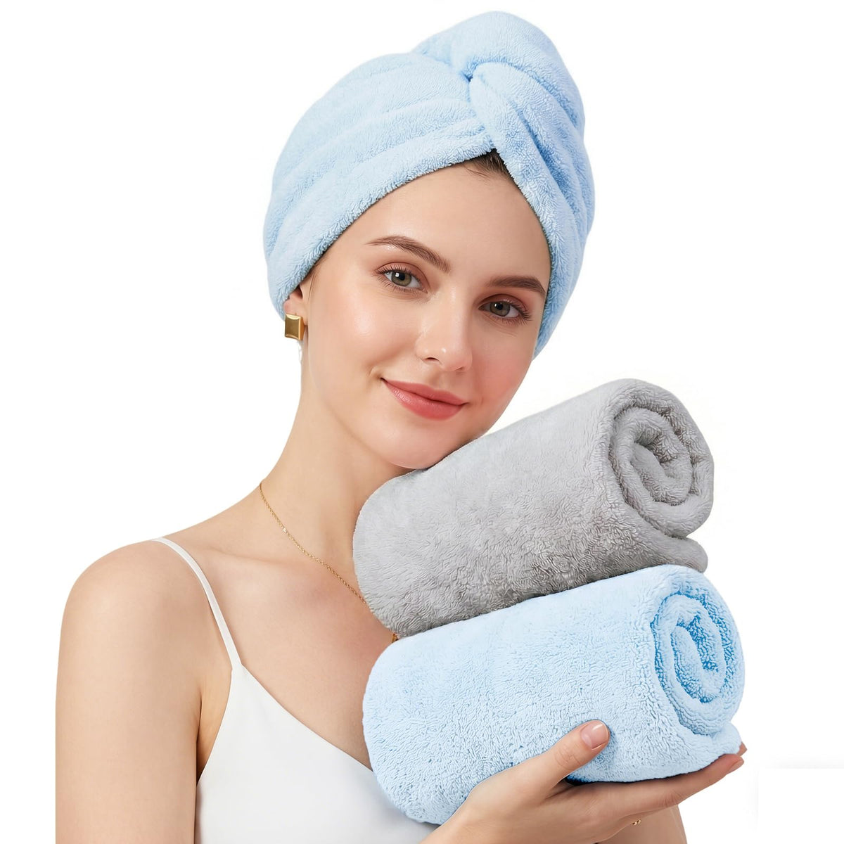 Mandydov 100% Cotton Hair Towel Wrap for Women, 2 Pack Thickened & Super Absorbent Turbans, Anti Frizz Quick Dry Hair Towels (White)