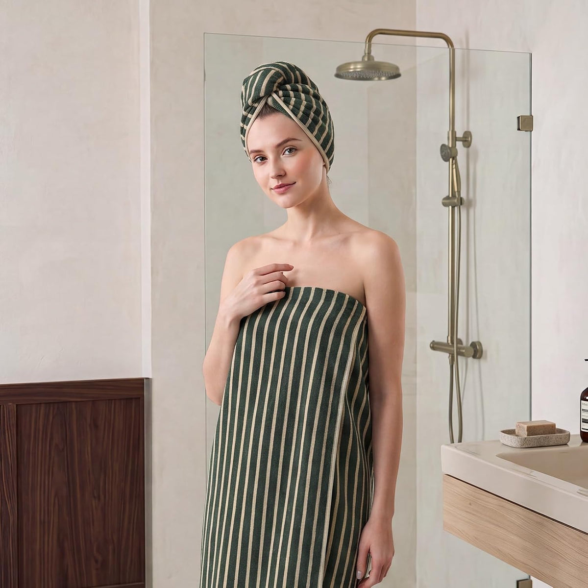 ecolook Striped Microfiber Bathroom Towel Set, Lightweight-Green