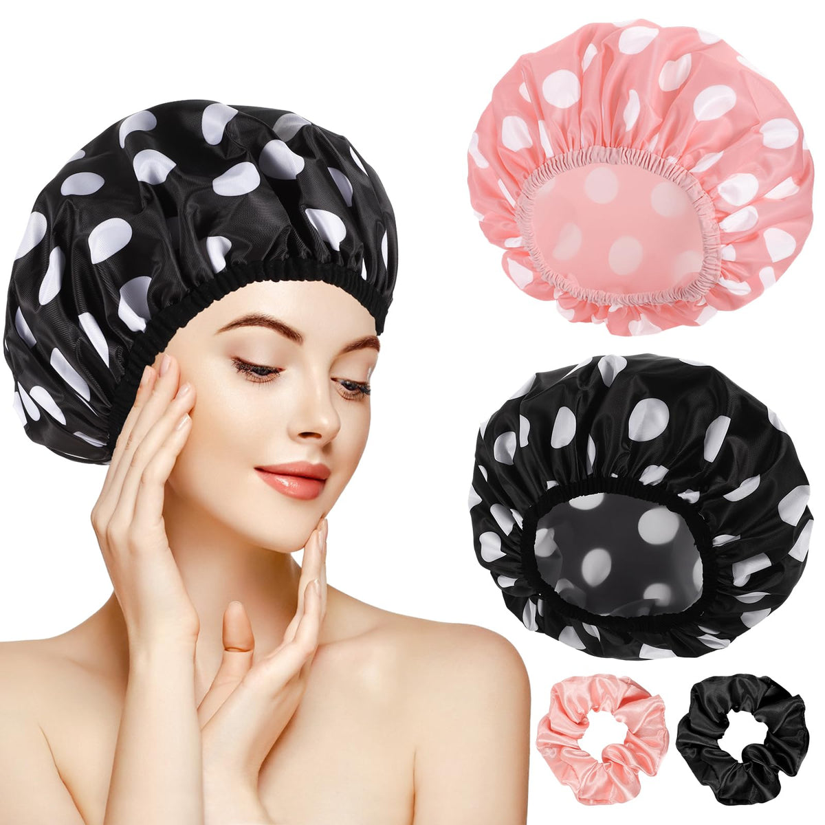 WSICSE 2 Packs Large Shower Caps for Women, Reusable Waterproof Shower Cap Bath Caps with Hair Scrunchies for Long Thick Hair (Blue/Green)